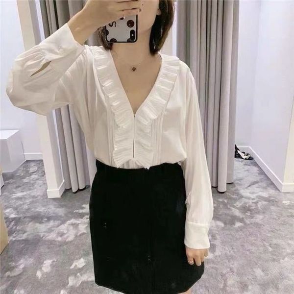 

women's polos spring and summer sweet style simple crimped lace v-neck shirt top, White