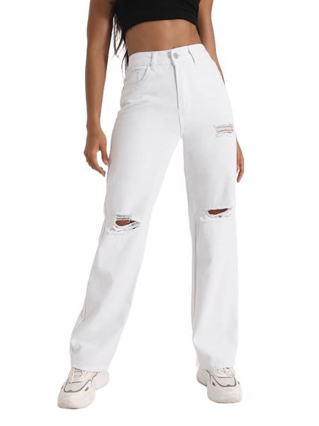 

high waist ripped straight leg jeans p52w#, Blue
