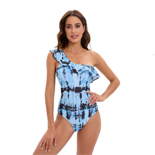 

one-piece multicolor 2022 tie dye printed bikini single shoulder lotus leaf edge slim swimsuit women, White;black