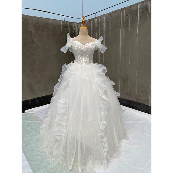 Altri abiti da sposa Abito da sposa con spalle scoperte e balze Abiti brillanti con stelle da sogno Vestido De Noiva su misuraAltro