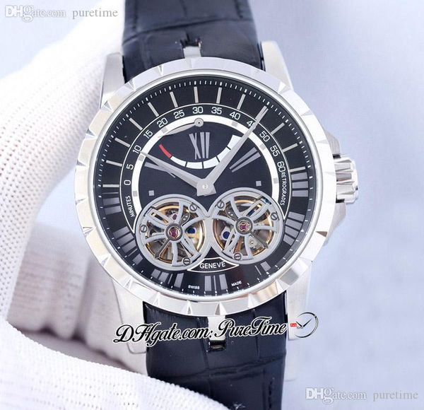 

excalibur quatuor double tourbillon automatic mens watch steel case black dial white stick leatehr strap watches puretime f10d4, Slivery;brown