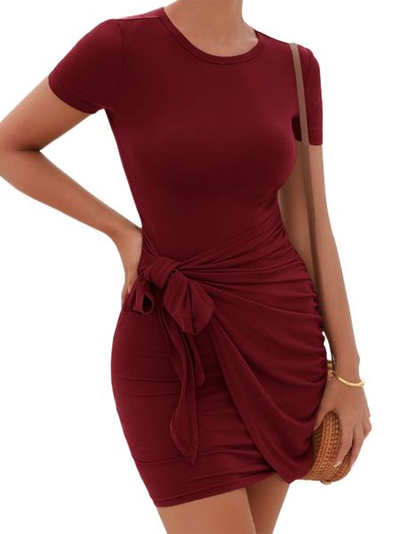 

solid ruched knot side dress a5d8#, Black;gray