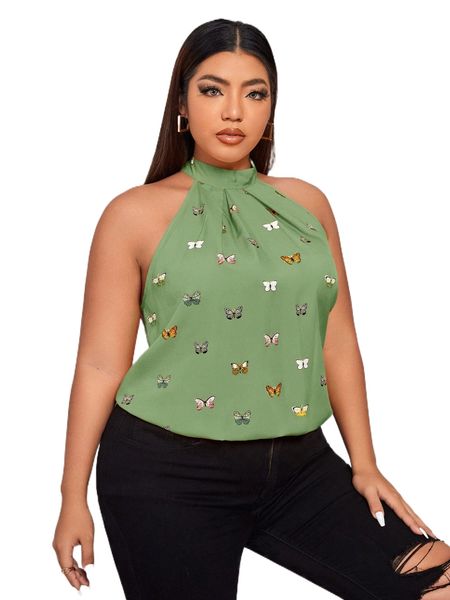

plus butterfly print tie back halter b0kk#, Black