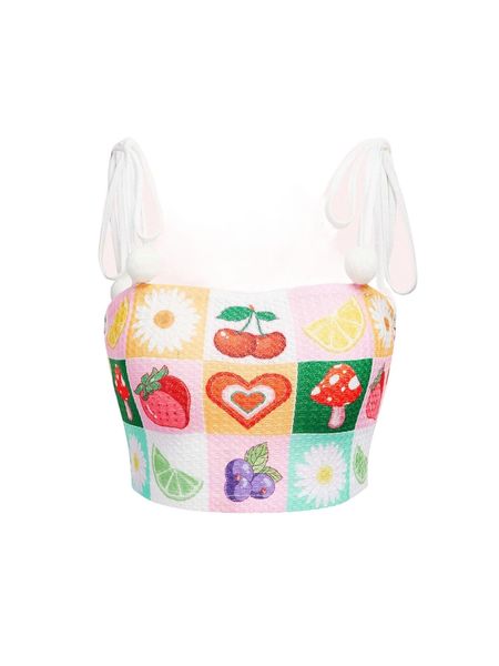 

mod fruits print pom pom knot shoulder crop cami j9wb#, White