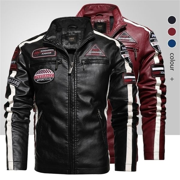 

mens vintage motorcycle jacket men fashion biker leather jacket male embroidery bomber coat winter fleece pu overcoat 201224, Black