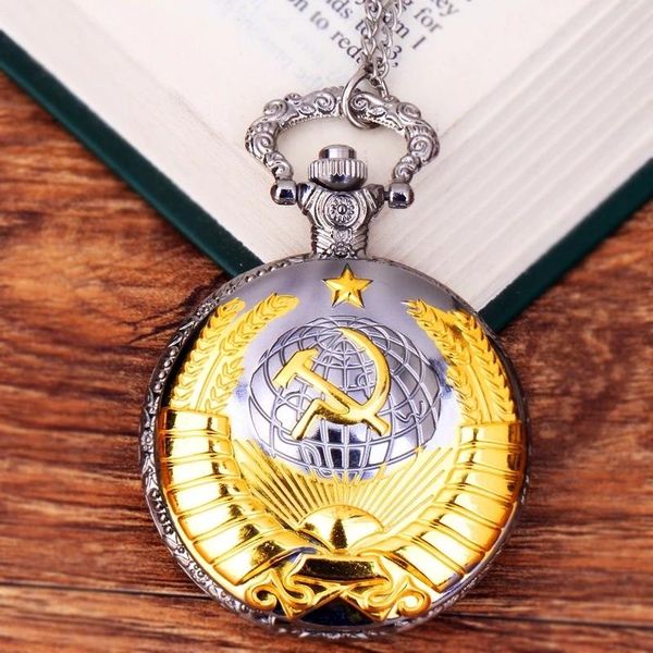 Taschenuhren Vintage Emblem UdSSR Sowjetische Abzeichen Hammer Sichel Uhr Retro Russland Armee CCCP Kommunismus Halskette Uhr Kette Für Männer FrauenPock