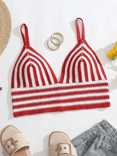 

striped pattern crop cami knit 21ho#, White;black