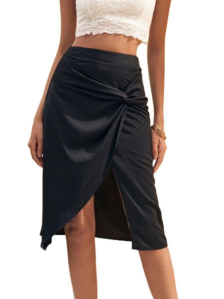 

wrap hem twist front skirt s4zp#, Black