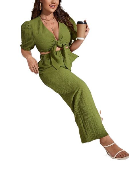 

plus solid tie front crop & wide leg pants 48wt#, Black