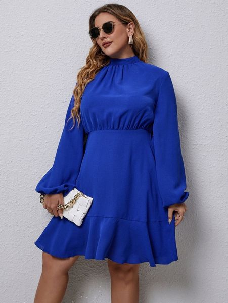 

plus lantern sleeve ruffle hem tie back dress w4kw#, Black