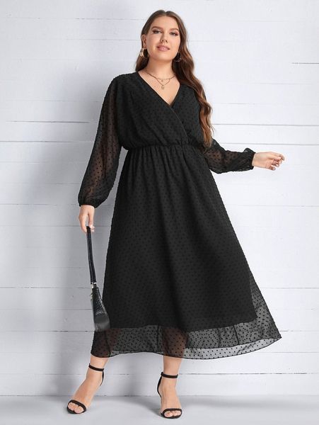 

plus swiss dot lantern sleeve overlap collar dress k8nm#, Black