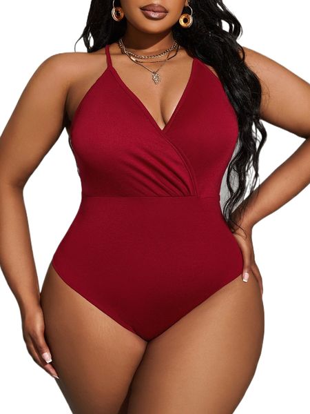 

plus cut out tie back bodysuit t8u9#, Black