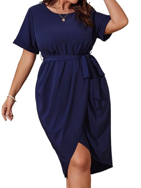 

plus roll cuff wrap hem belted dress m9s2#, Black