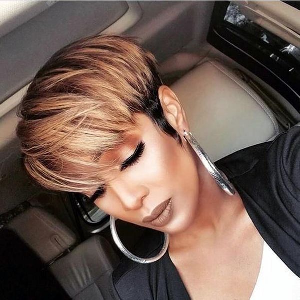 

pixie cut short human hair wig with bangs for black women non lace front full machine wigs 150% density brazilian capless wigs, Black;brown