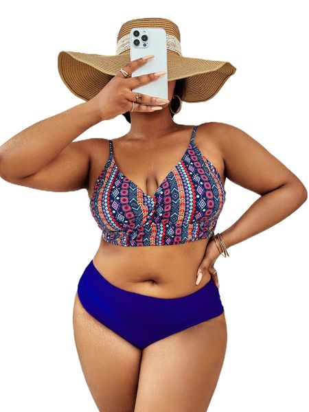 

plus geo print tie back high waist bikini swimsuit t4vc#, White;black