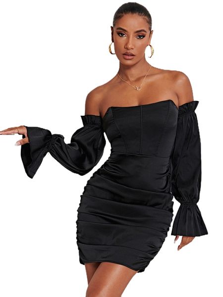 

off shoulder flounce sleeve ruched satin bodycon dress o130#, Black;gray