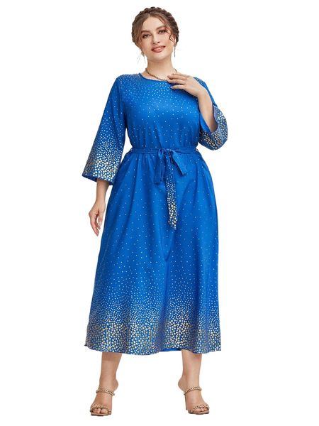 

plus gold print trumpet sleeve belted dress q6oq#, Black