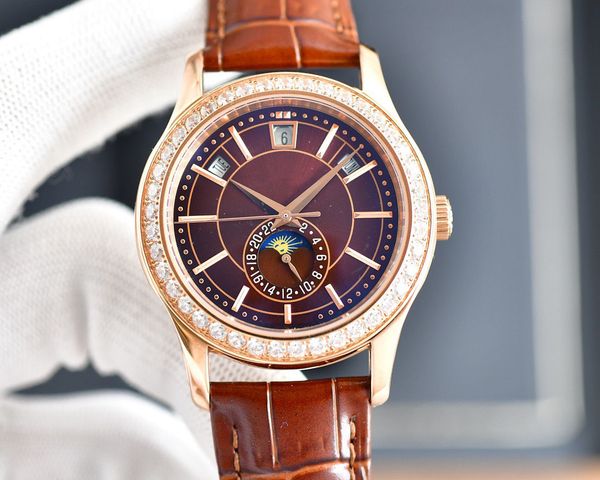 

luxury mechanical watches for men diamonds bezel moonphase automatic watches, Slivery;brown