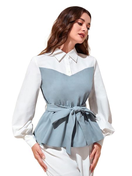 

modely colorblock button front belted shirt 12dw#, White