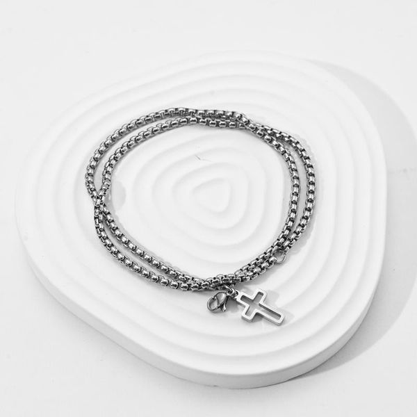 

charm bracelets punk double strand rolo chain with cross charms bracelet for men stainless steel lobster claw clasp closure, Golden;silver