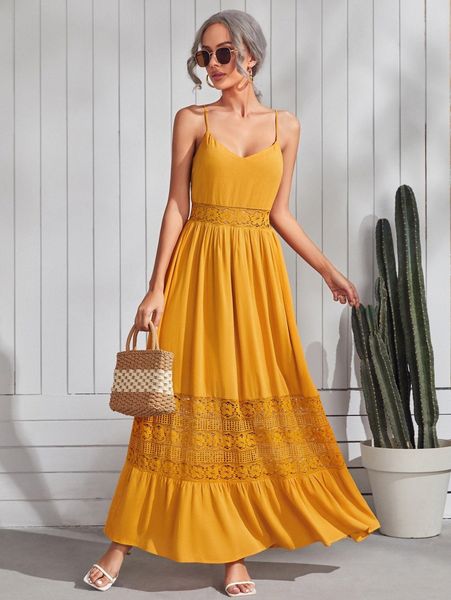 

lace insert ruffle hem slip dress w486#, Black;gray