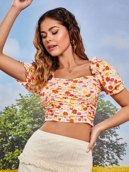 

allover floral print shirred lettuce trim crop tee w4ac#, White