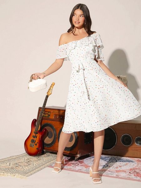 

polka dot ruffle trim asymmetrical neck belted chiffon dress j5qj#, Black;gray