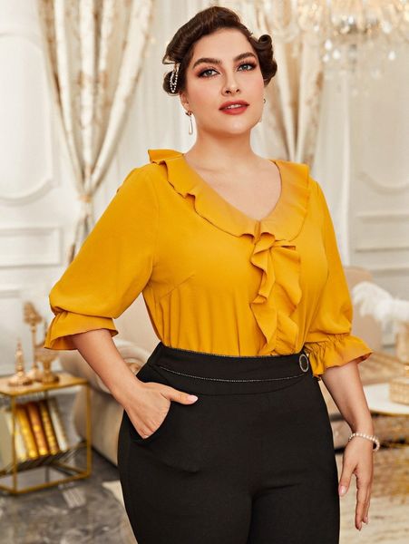 

plus ruffle trim flounce sleeve blouse h4ca#, Black