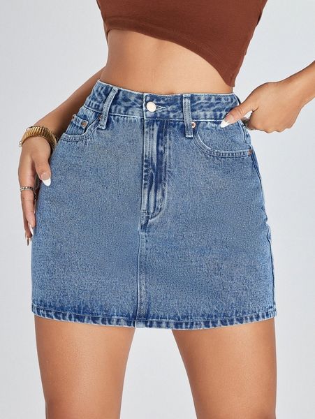 

solid high waist denim skirt v46o#, Black