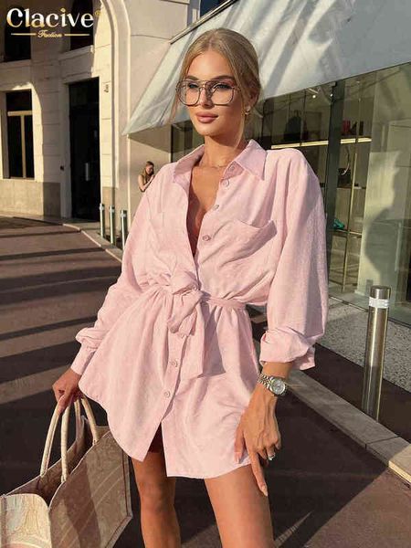 

clacive fashion pink mini dress ladies autumn lapel long sleeve causal dress elegant single-breasted lace-up dresses for women t220804, Black;gray