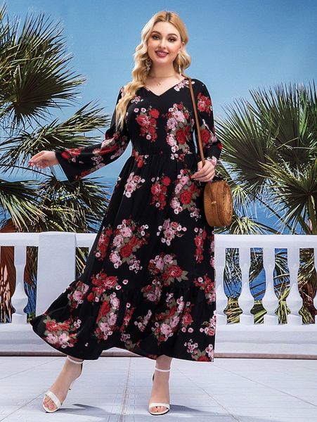 

plus floral print ruffle hem dress h9sx#, Black