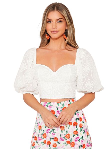 

sweetheart neck puff sleeve crop blouse q940#, White