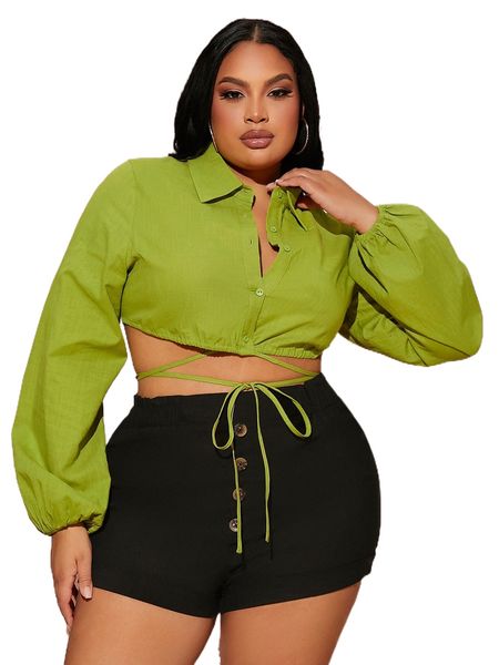 

sxy plus lantern sleeve knot front crop blouse h73g#, Black