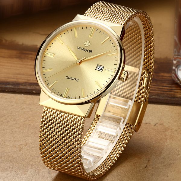 WWOOR MEN MENS Simples Slim Watches Brand Luxury Marca Gold Steel Mesh Ultra Thin Date Impermend Wrist Watch Golden Clock With Box Pack 220329