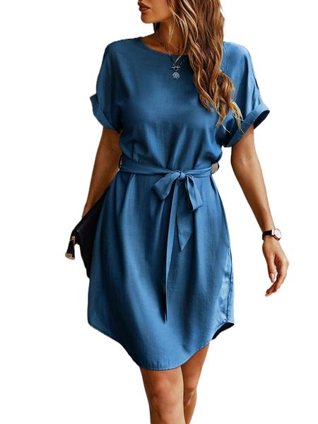 

dolman sleeve curved hem belted dress p5w4#, Black;gray