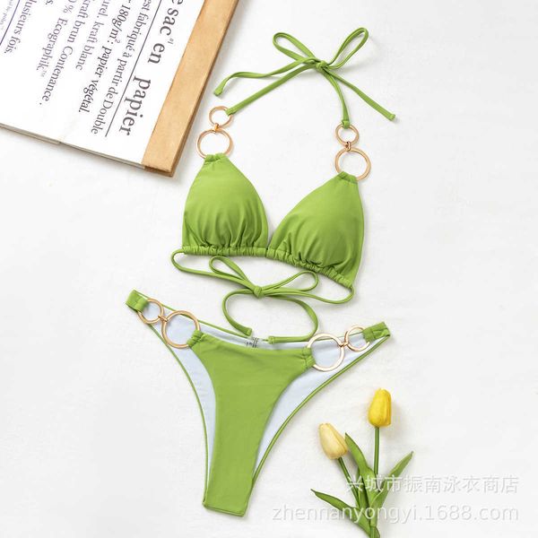 

2022 new swimsuit solid color backless double ring strap bikini, White;black