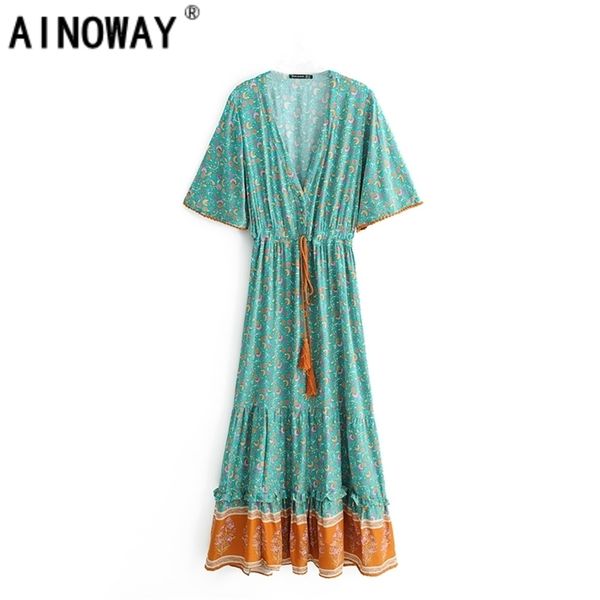 

vintage chic fashion women floral print v-neck rayon cotton bohemian maxi dresses ladies v neck tassel summer beach boho dress 220330, Black;gray