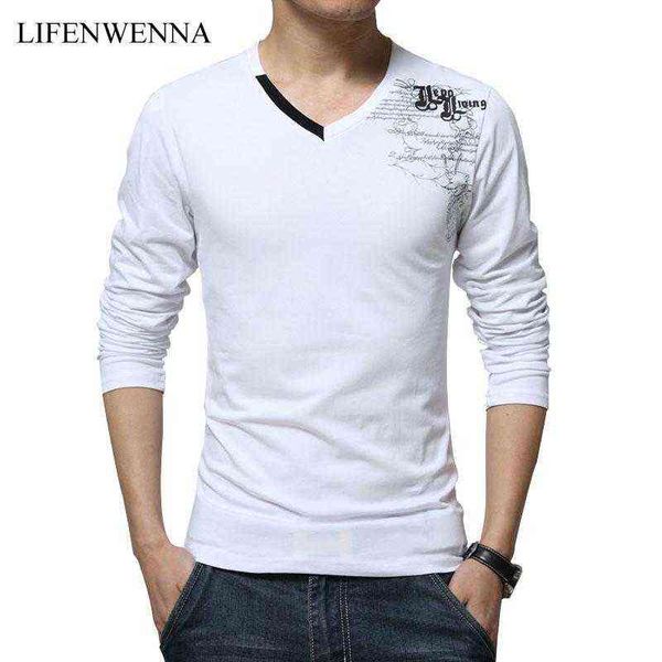 

men's t-shirts shirt men long sleeve fashion 2022 print spring brand clothing casual slim v-neck cotton t homme tees m-5xl, White;black