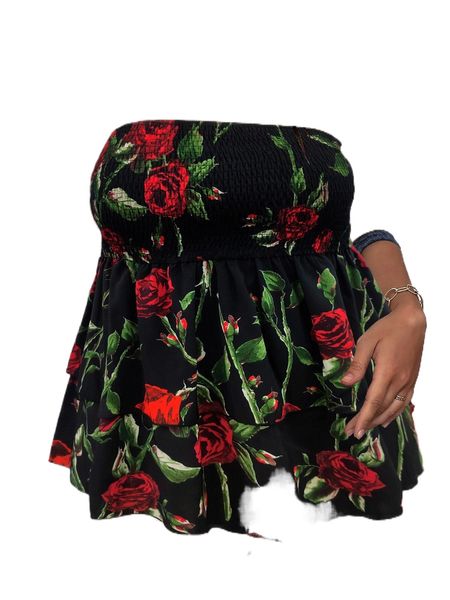 

plus floral print shirred peplum tube b4nl#, Black