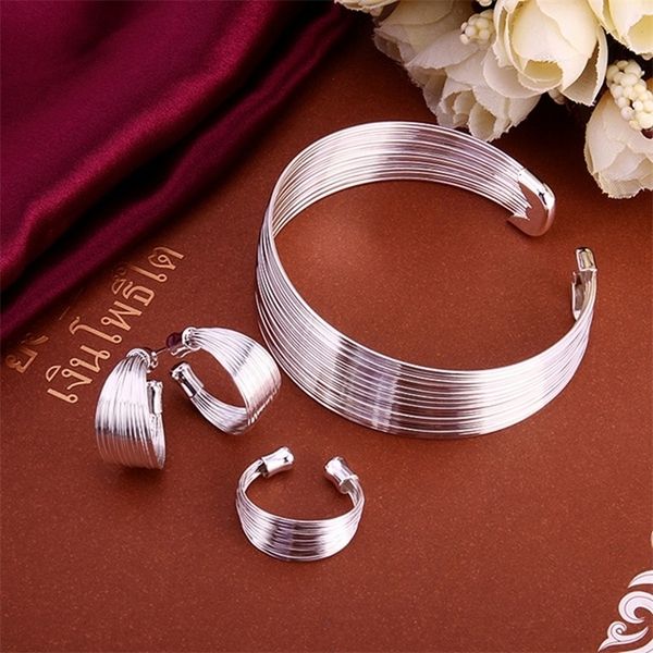 

925 silver color highquality for women lady chain open cute bangle bracelet earrings ring fashion jewelry sets 220716