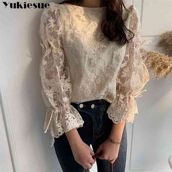 

spring autumn girl chiffon shirt fashion embroidered lace elegant flare sleeve casual women blouse blusa womens blouses 210326, White
