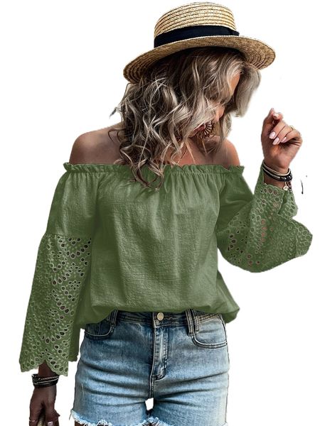 

off shoulder contrast eyelet embroidery frill trim blouse g9kl#, White