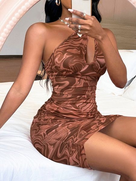 

sxy marble print cut out one shoulder bodycon dress i7ac#, Black;gray