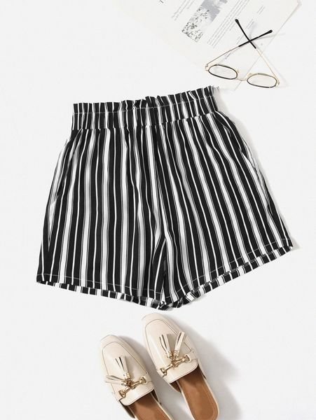 

striped print paperbag waist shorts w0pf#, White;black