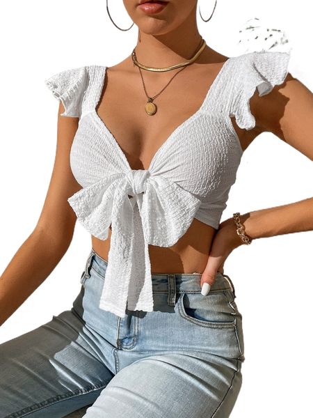 

butterfly sleeve knot front crop o8p6#, White