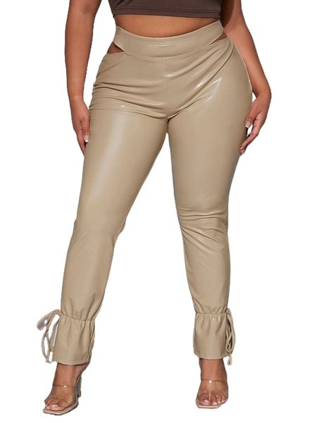 

sxy plus cut out knot hem pu leather pants y6fy#, Black