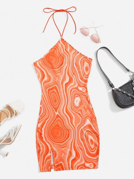 

marble print tie back split hem halter dress t8fi#, Black;gray