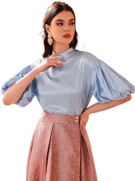 

allover print stand collar puff sleeve blouse w9cf#, White