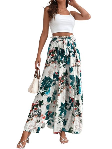 

tall solid crop cami & tropical print split thigh belted pants 31ow#, White