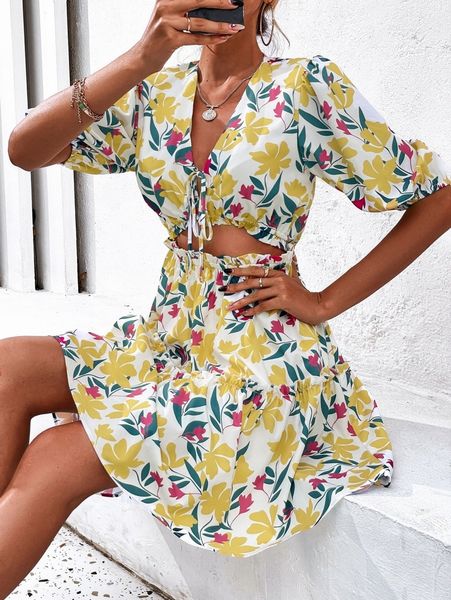 

random floral print cut out puff sleeve knot front ruffle hem dress a1fi#, Black;gray